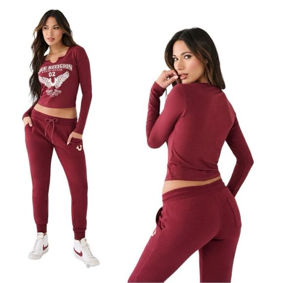 TRUE RELIGION Burgundy Long Sleeve Notch Logo Urban Tee Women's size:Small/Urban - Picture 1 of 17